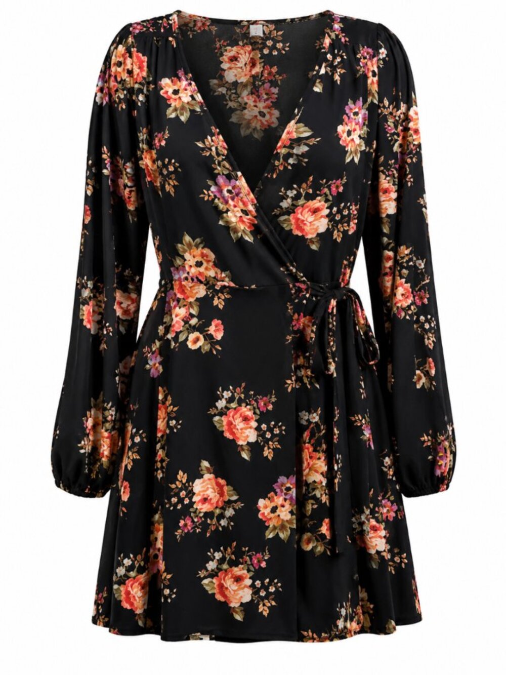 NWT Monteau Black Rose Floral Faux Wrap Long Sleeve Mini Dress XL